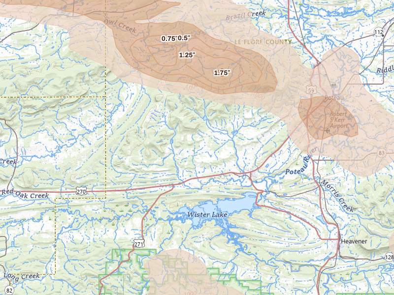 Radar-estimated hail-size map of the storm over Wister, OK on Apr 24, 2026