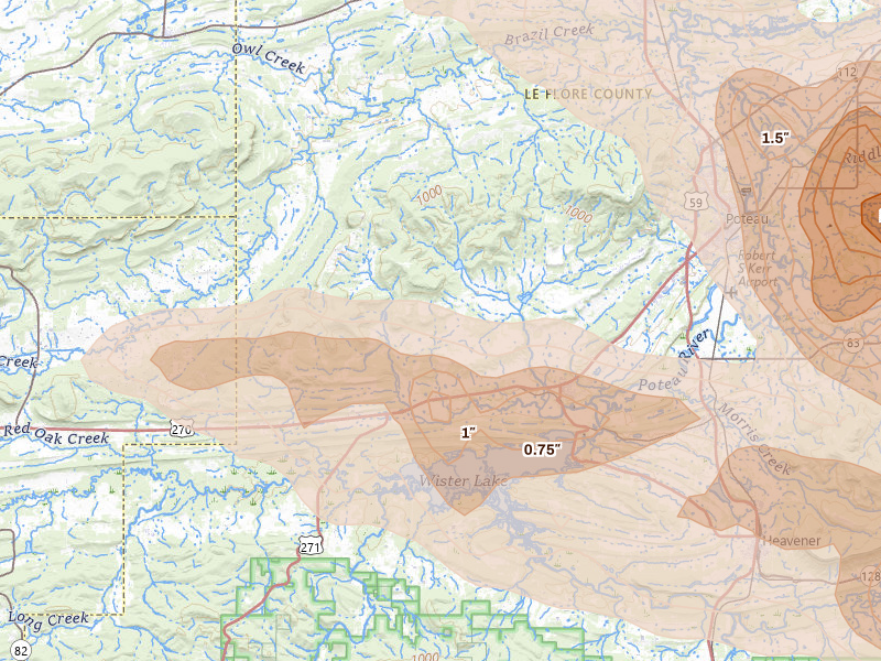 Radar-estimated hail-size map of the storm over Wister, OK on Apr 25, 2026