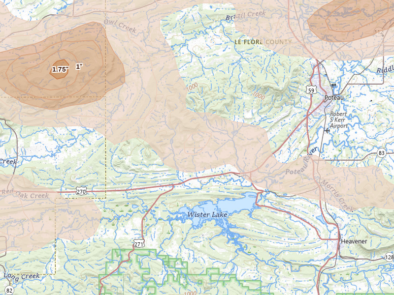 Radar-estimated hail-size map of the storm over Wister, OK on Apr 28, 2026