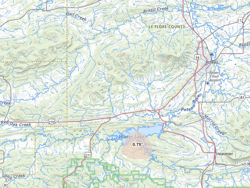 Radar-estimated hail-size map of the storm over Wister, OK on Jul 29, 2026