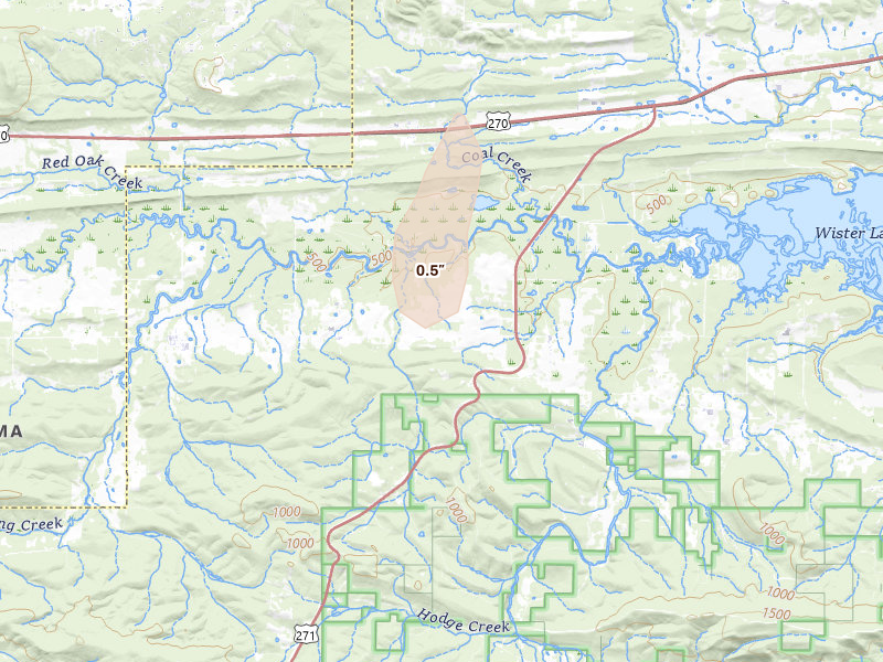 Radar-estimated hail-size map of the storm over Wister, OK on Aug 20, 2026