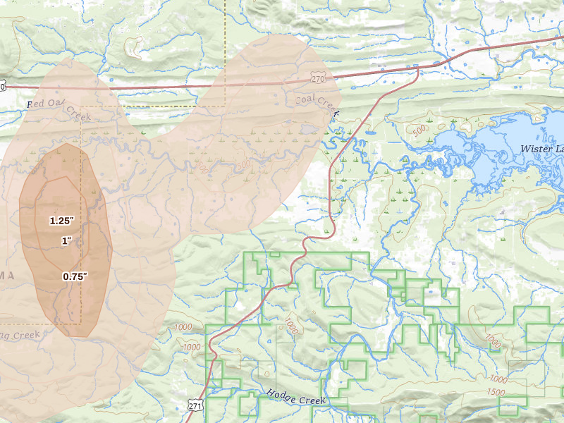 Radar-estimated hail-size map of the storm over Wister, OK on Aug 26, 2026