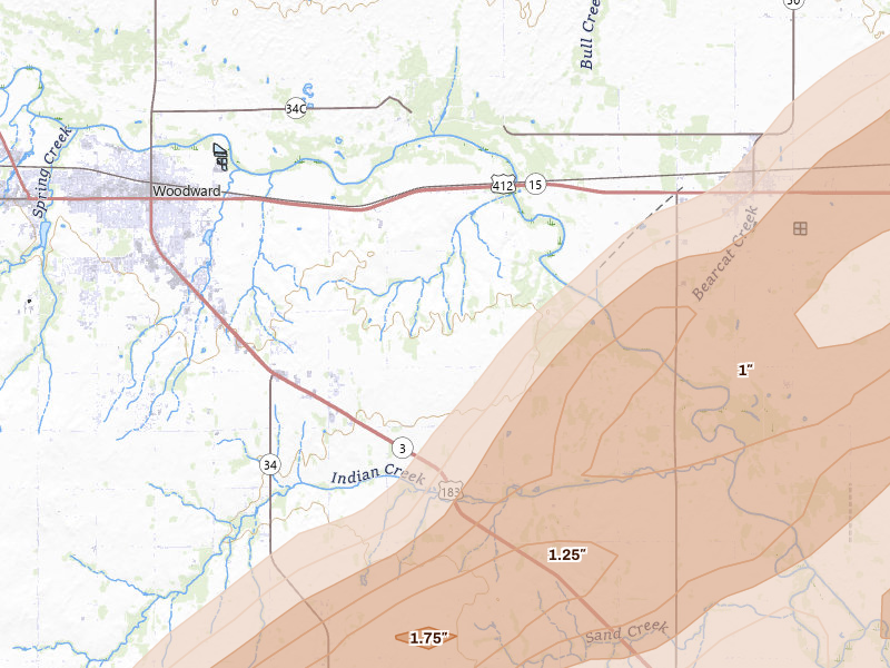 Radar-estimated hail-size map of the storm over Woodward, OK on Apr 17, 2026