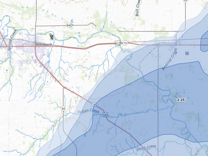 NEXRAD radar-signature map of the hail over Woodward, OK