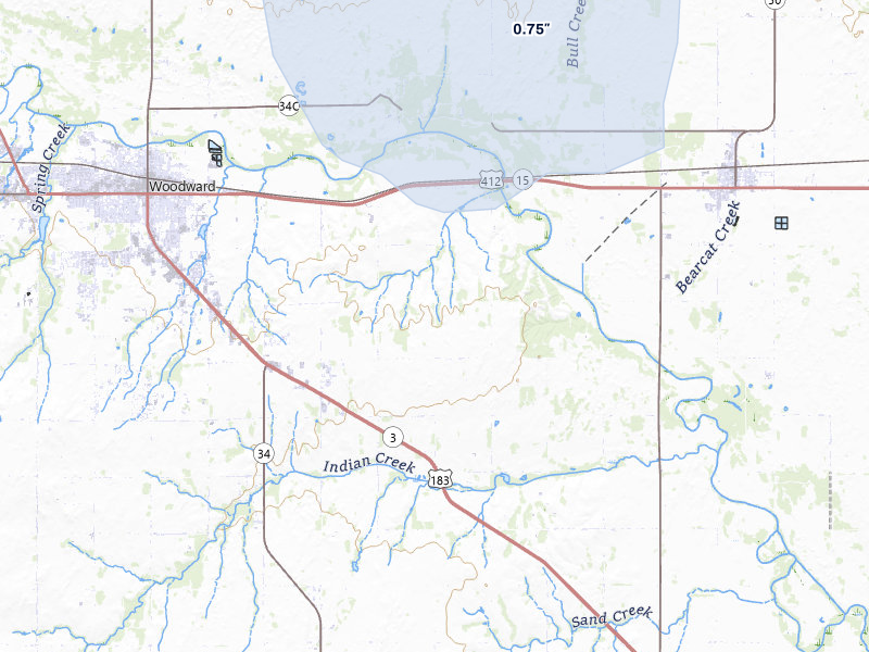 NEXRAD radar-signature map of the hail over Woodward, OK