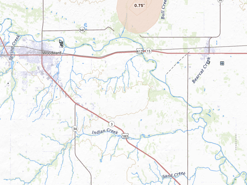 Radar-estimated hail-size map of the storm over Woodward, OK on Jun 1, 2026