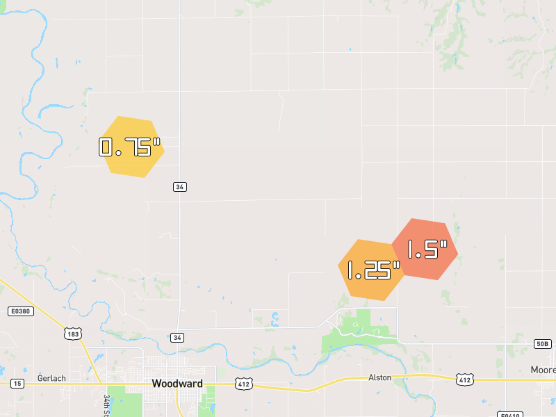 Hail map of Woodward, OK on Jun 2, 2026, hail up to 1.5"