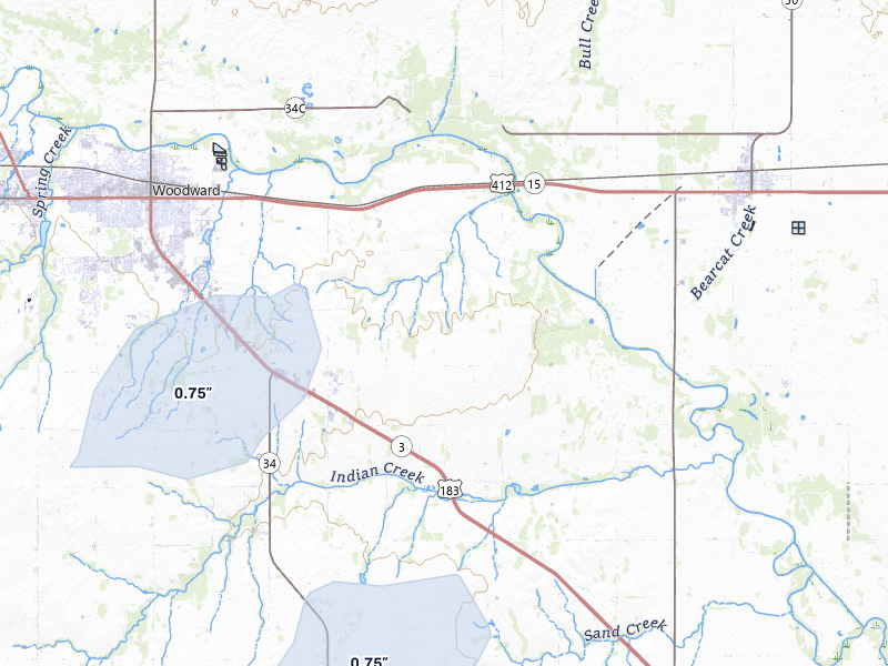 NEXRAD radar-signature map of the hail storm over Woodward, OK on Jun 3, 2026