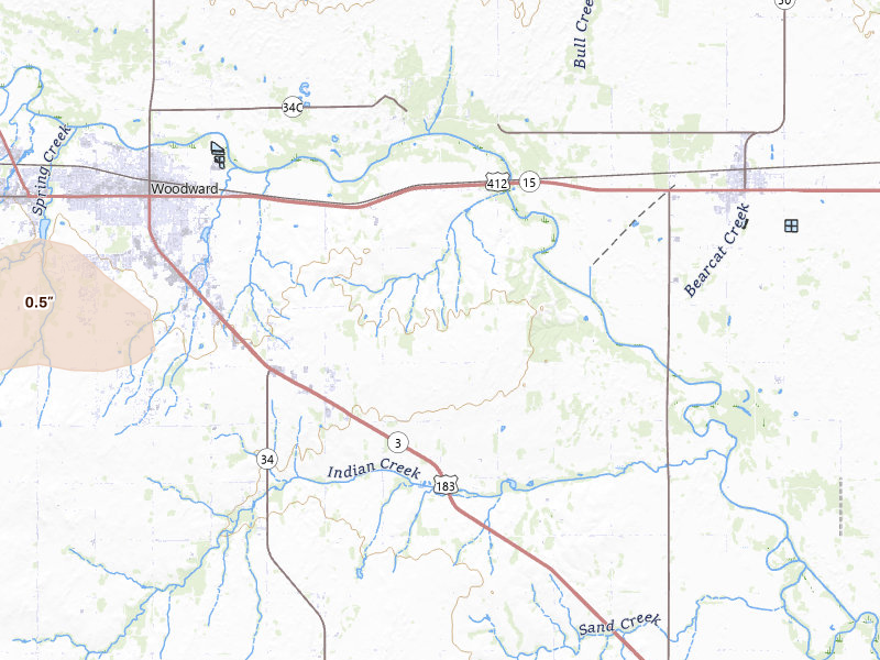 Radar-estimated hail-size map of the storm over Woodward, OK on Jun 26, 2026