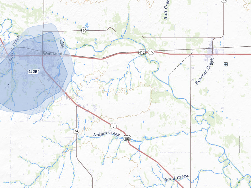 NEXRAD radar-signature map of the hail storm over Woodward, OK on Jun 26, 2026