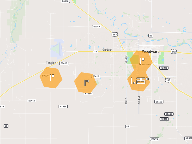 Hail map of Woodward, OK on Jun 26, 2026, hail up to 1.25"