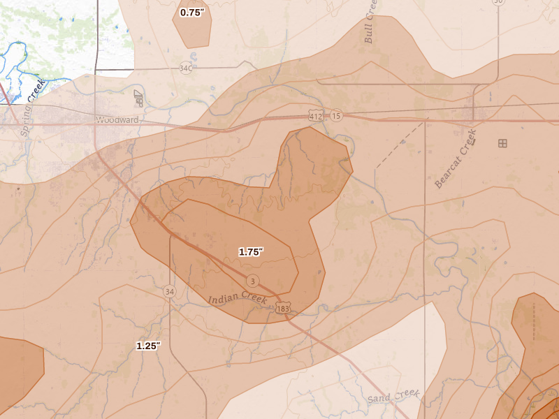 Radar-estimated hail-size map of the storm over Woodward, OK on Jul 4, 2026