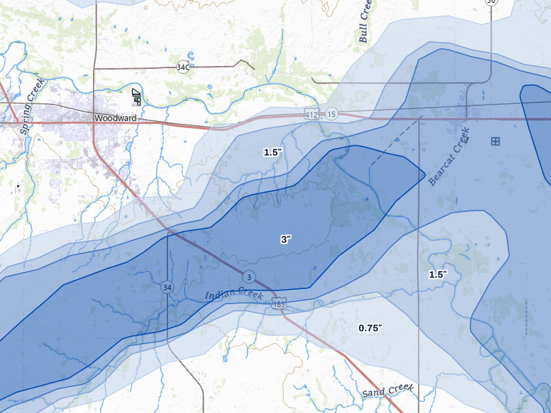 NEXRAD radar-signature map of the hail over Woodward, OK