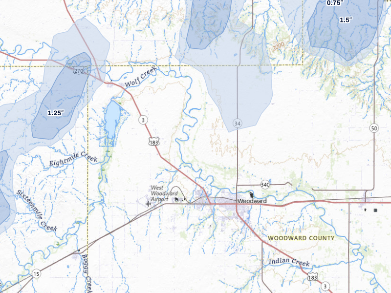 NEXRAD radar-signature map of the hail storm over Woodward, OK on Aug 14, 2026