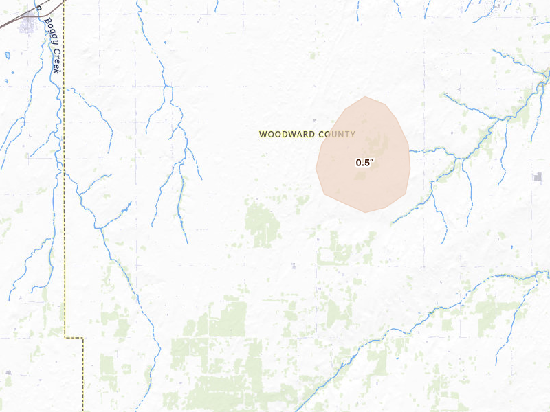 Radar-estimated hail-size map of the storm over Woodward, OK on Aug 16, 2026