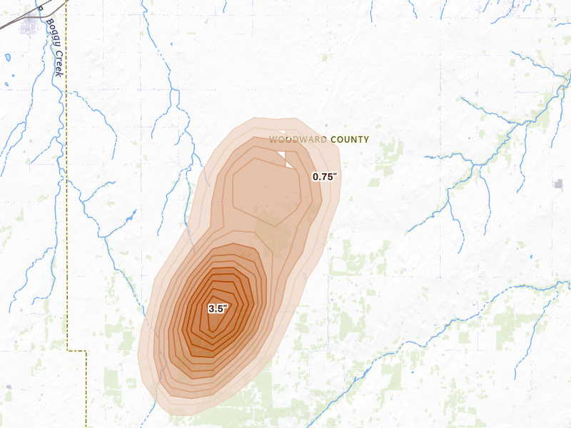 Radar-estimated hail-size map of the storm over Woodward, OK on Aug 24, 2026