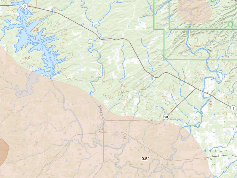 Radar-estimated hail-size map of the storm over Wright City, OK on Apr 28, 2026