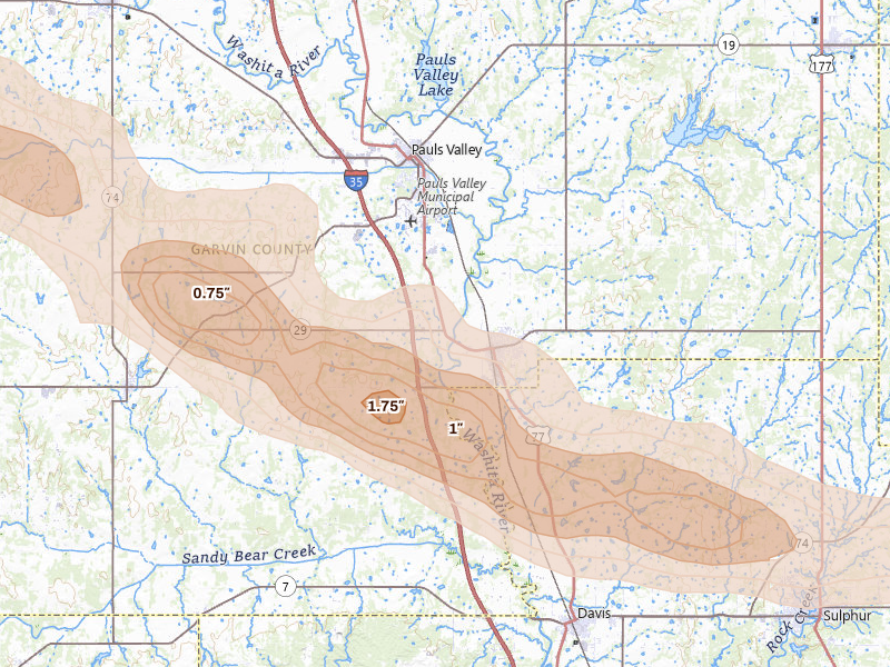 Radar-estimated hail-size map of the storm over Wynnewood, OK on Apr 24, 2026