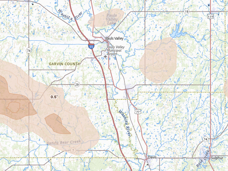 Radar-estimated hail-size map of the storm over Wynnewood, OK on Apr 25, 2026
