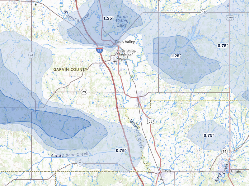 NEXRAD radar-signature map of the hail over Wynnewood, OK