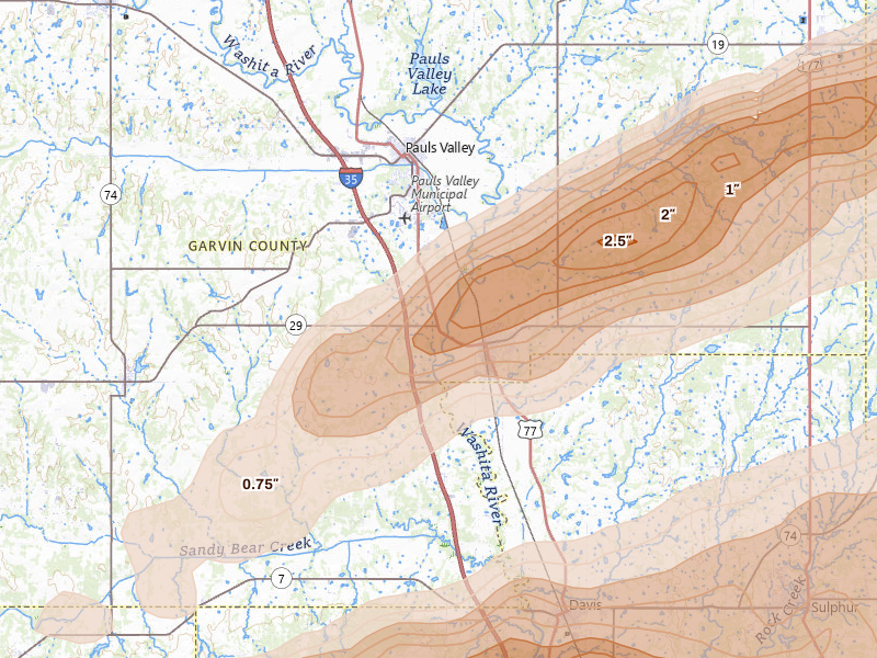 Radar-estimated hail-size map of the storm over Wynnewood, OK on Apr 28, 2026