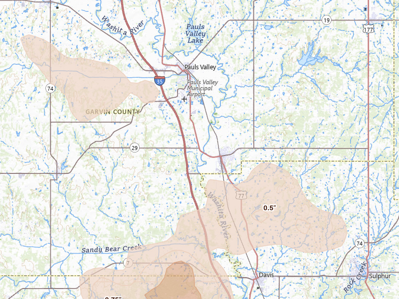 Radar-estimated hail-size map of the storm over Wynnewood, OK on Jun 23, 2026