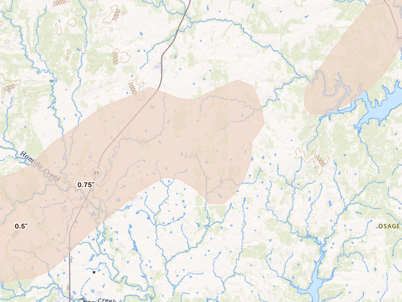 Radar-estimated hail-size map of the storm over Wynona, OK on Apr 1, 2026