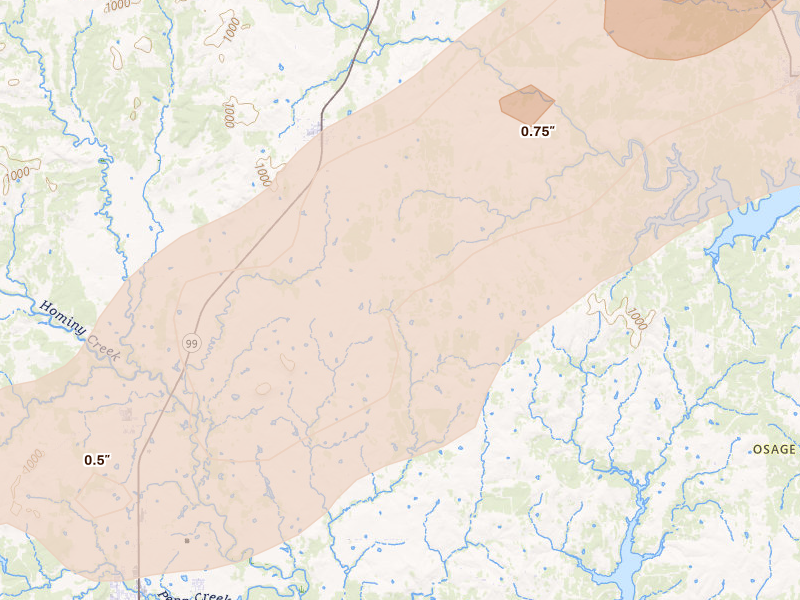 Radar-estimated hail-size map of the storm over Wynona, OK on Apr 28, 2026