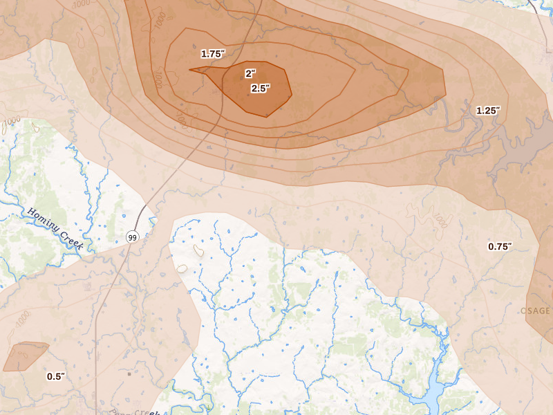 Radar-estimated hail-size map of the storm over Wynona, OK on May 8, 2026
