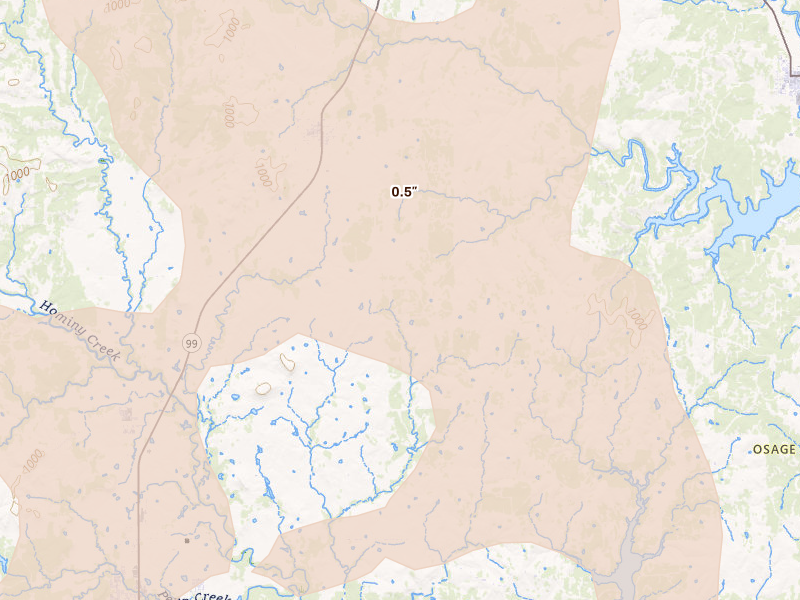 Radar-estimated hail-size map of the storm over Wynona, OK on Jul 4, 2026