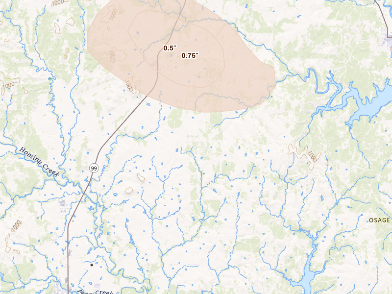 Radar-estimated hail-size map of the storm over Wynona, OK on Jul 11, 2026