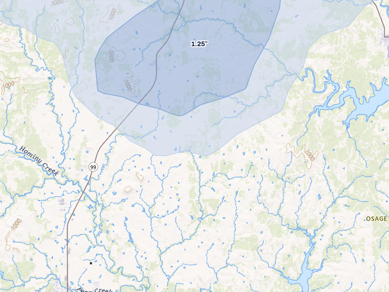 NEXRAD radar-signature map of the hail storm over Wynona, OK on Jul 11, 2026