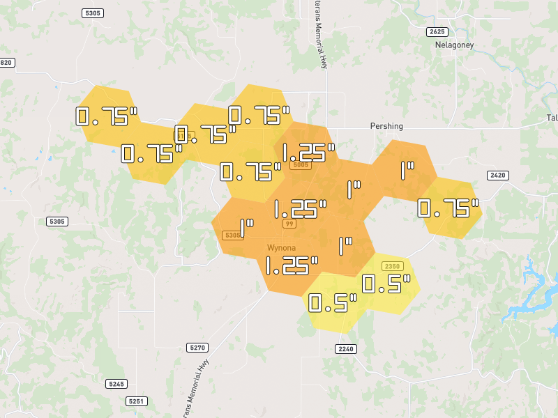 Hail map of Wynona, OK on Jul 12, 2026, hail up to 1.25"