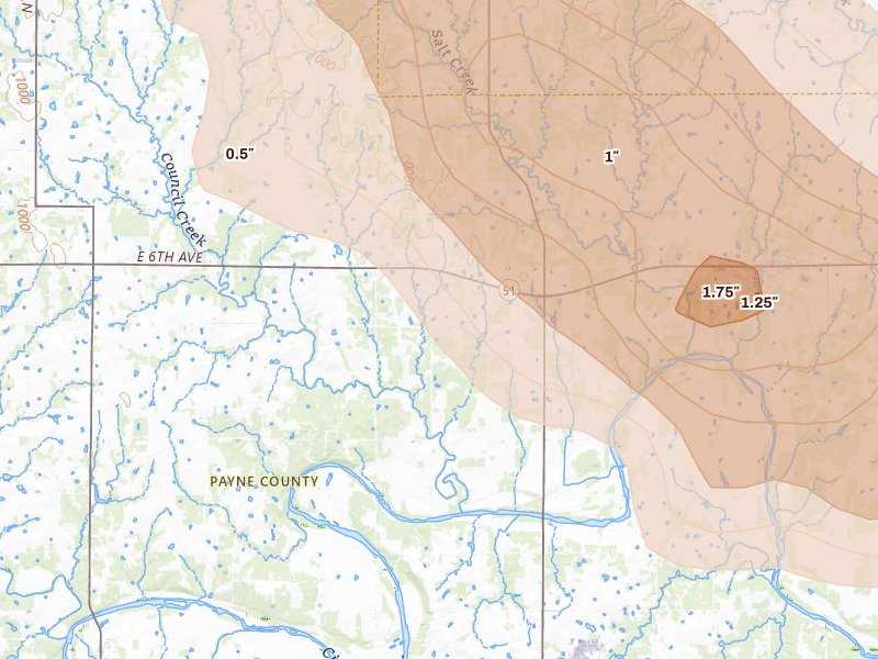 Radar-estimated hail-size map of the storm over Yale, OK on Jun 11, 2026