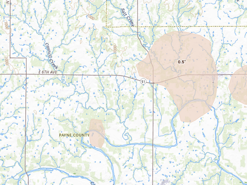 Radar-estimated hail-size map of the storm over Yale, OK on Jul 4, 2026
