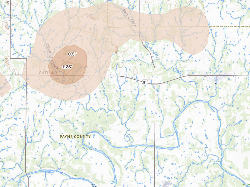 Radar-estimated hail-size map of the storm over Yale, OK on Aug 17, 2026