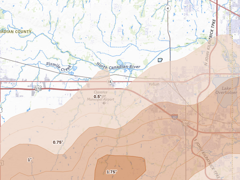 Radar-estimated hail-size map of the storm over Yukon, OK on Mar 10, 2026