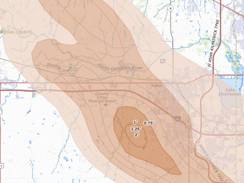 Radar-estimated hail-size map of the storm over Yukon, OK on May 8, 2026