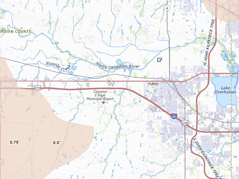 Radar-estimated hail-size map of the storm over Yukon, OK on Jun 26, 2026
