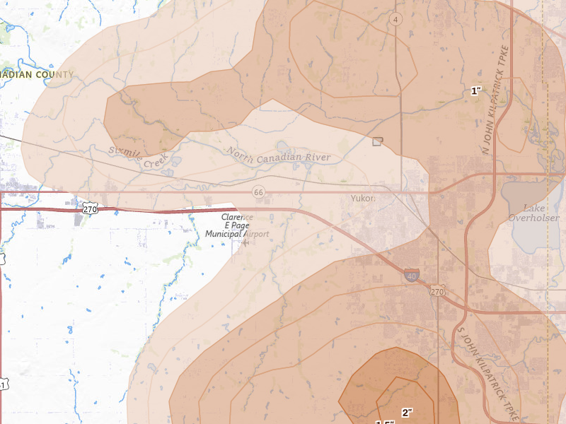 Radar-estimated hail-size map of the storm over Yukon, OK on Jul 4, 2026