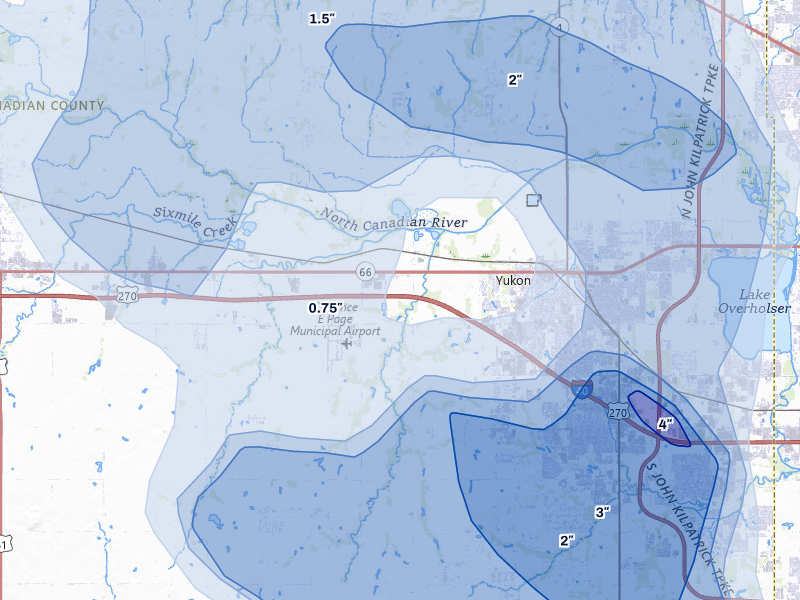 NEXRAD radar-signature map of the hail over Yukon, OK