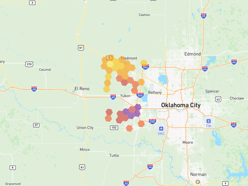 Hail map of Yukon, OK on Jul 5, 2026, hail up to 4"