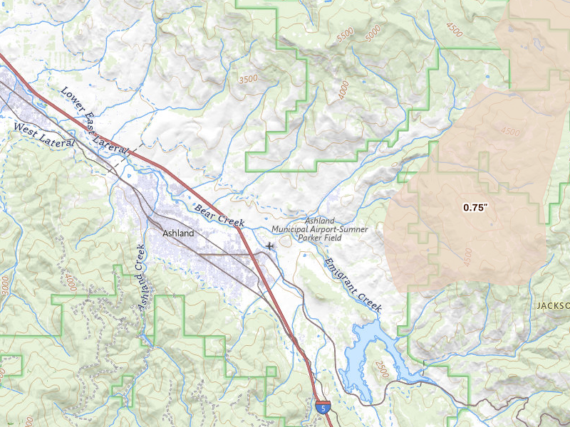 Radar-estimated hail-size map of the storm over Ashland, OR on Apr 9, 2026