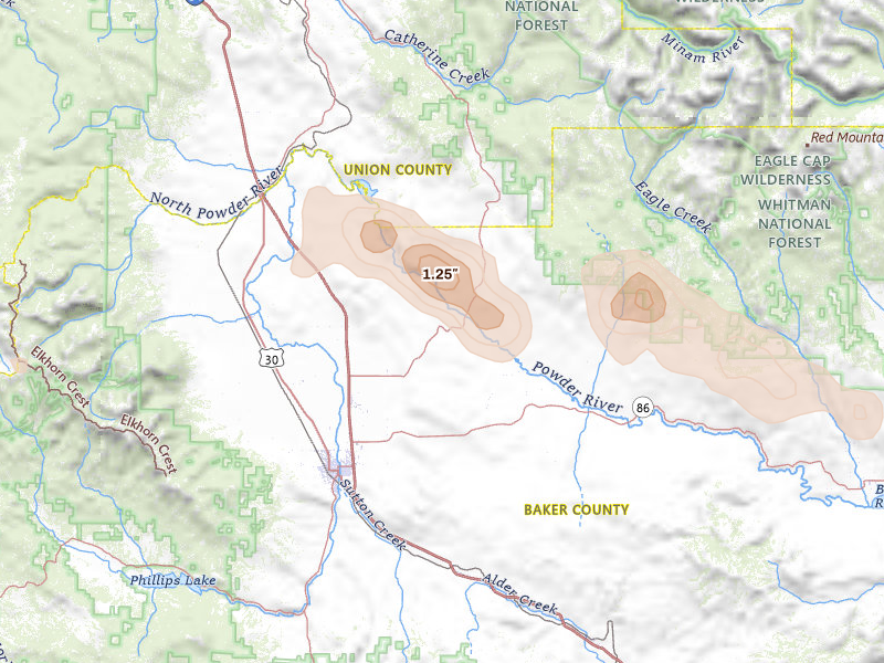 Radar-estimated hail-size map of the storm over Baker City, OR on May 28, 2026