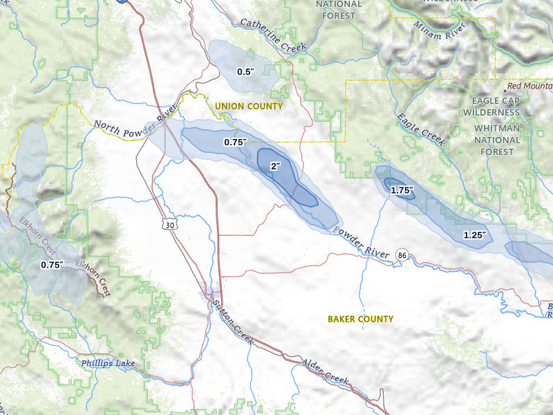 NEXRAD radar-signature map of the hail storm over Baker City, OR on May 28, 2026