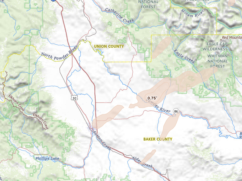 Radar-estimated hail-size map of the storm over Baker City, OR on Jul 23, 2026