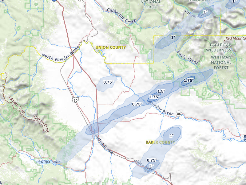 NEXRAD radar-signature map of the hail storm over Baker City, OR on Jul 23, 2026