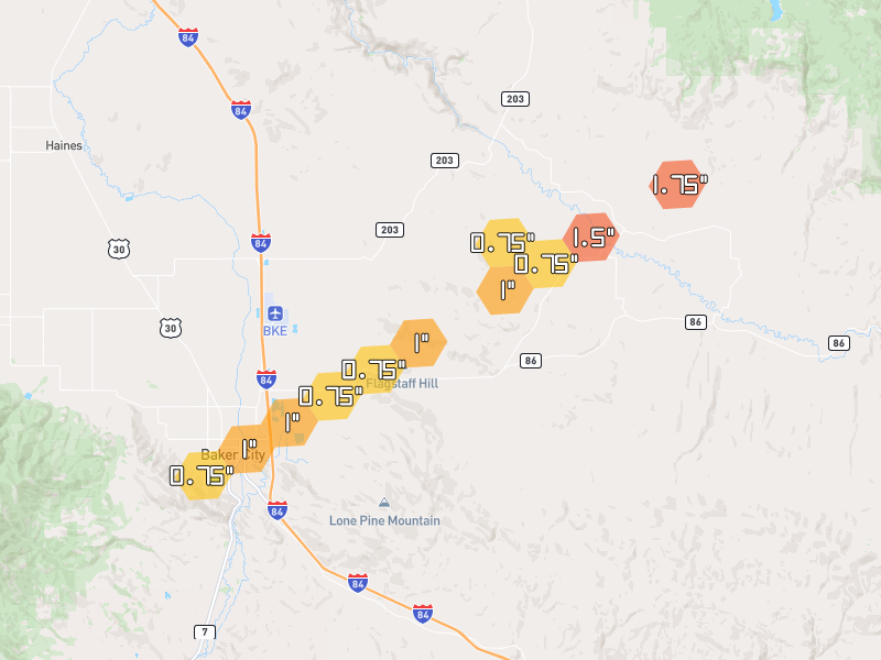 Hail map of Baker City, OR on Jul 23, 2026, hail up to 1.75"