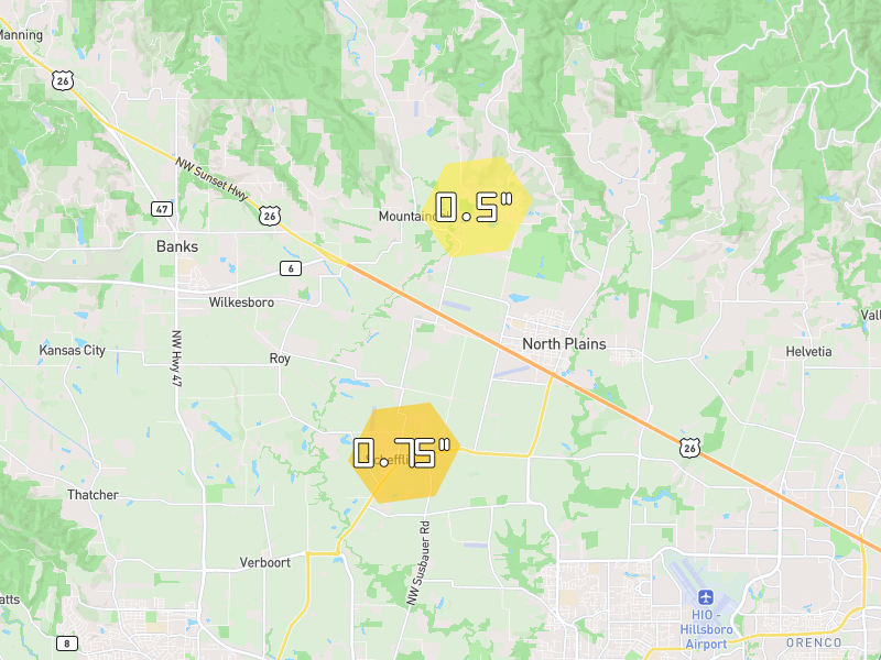 Hail map of Banks, OR on Jul 22, 2026, hail up to 0.75"