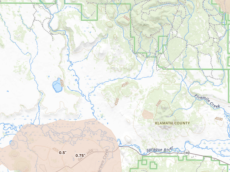 Radar-estimated hail-size map of the storm over Beatty, OR on Jul 5, 2026